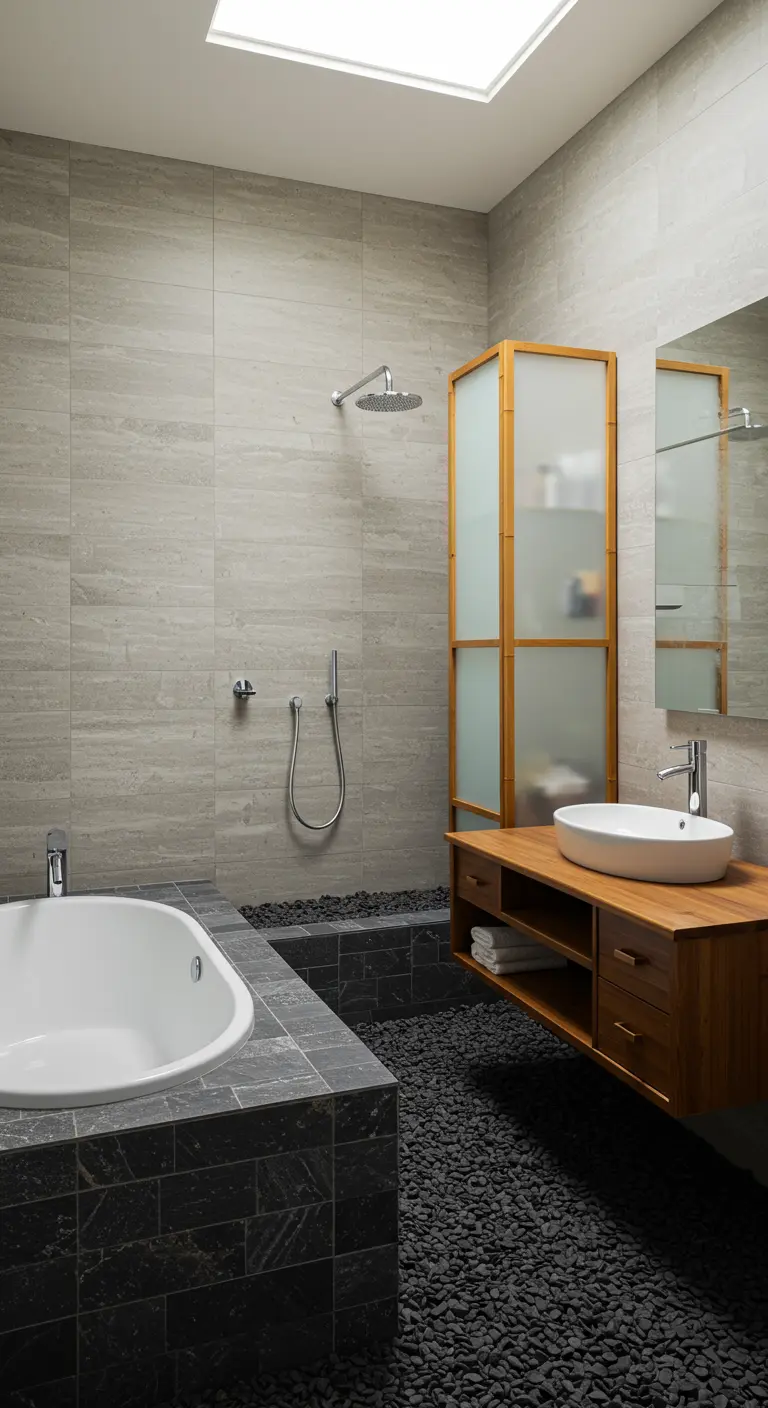 Zen-inspired bathroom with black pebble floor, wood vanity, and a bamboo cabinet.