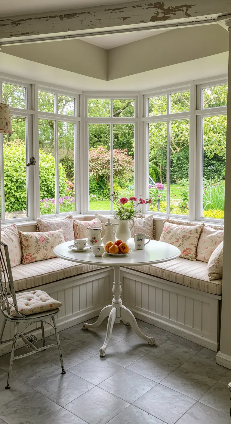 A cottage-style breakfast nook with mixed floral cushions and a white pedestal table.
