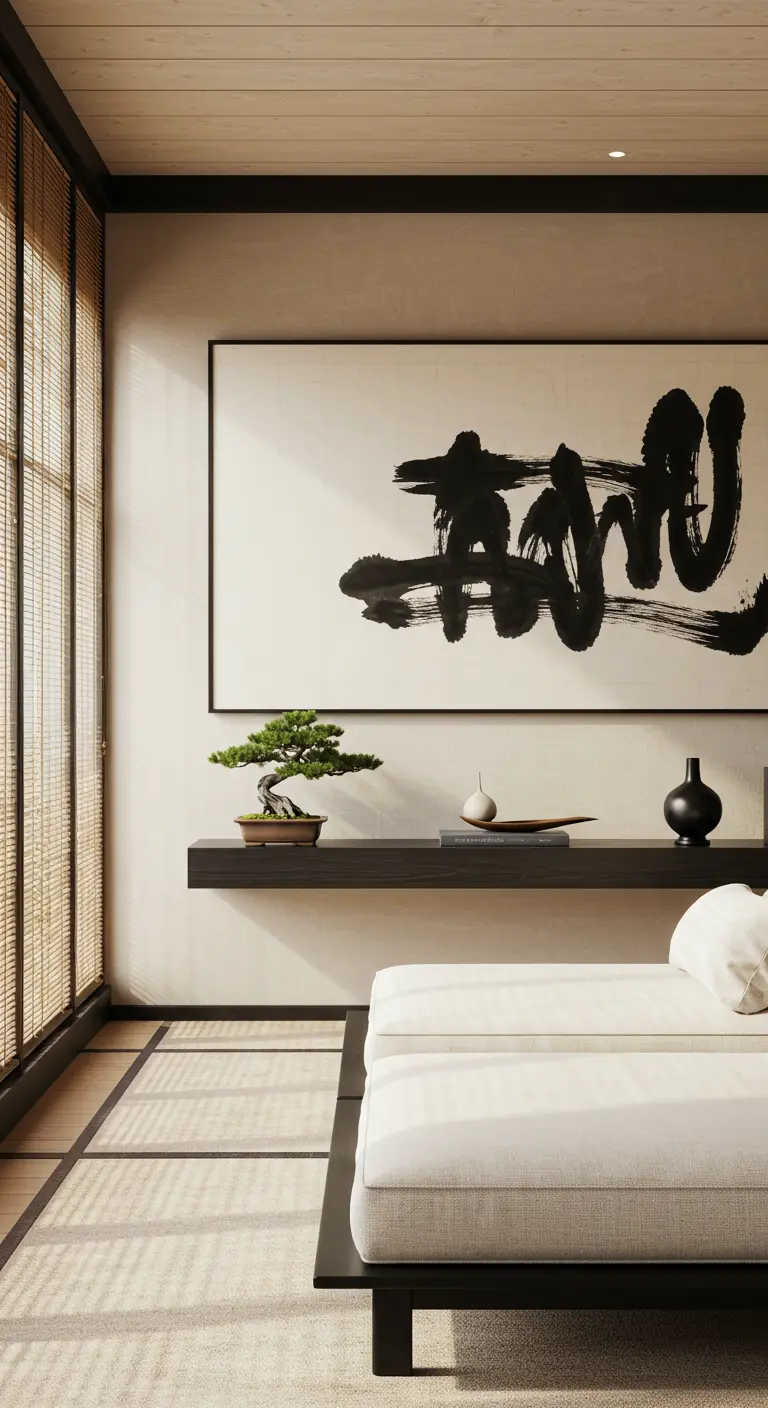 A low black floating shelf holds a bonsai tree and ceramics in a minimalist Japandi room.