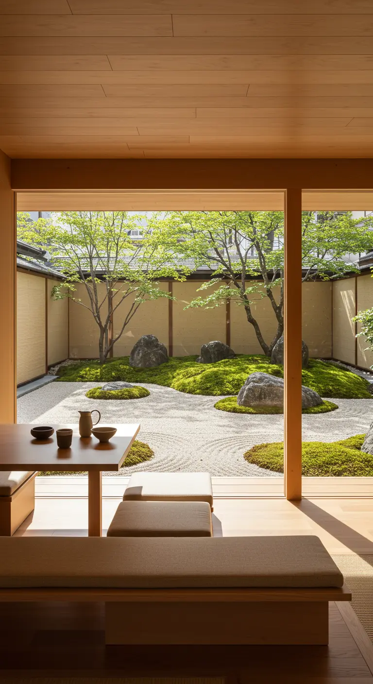 A minimalist breakfast nook with low wooden benches looking out onto a Japanese zen garden.
