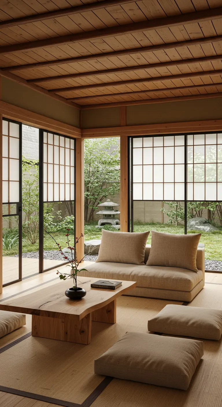 Japanese-inspired living room with low furniture, floor cushions, and shoji-style doors to a garden.