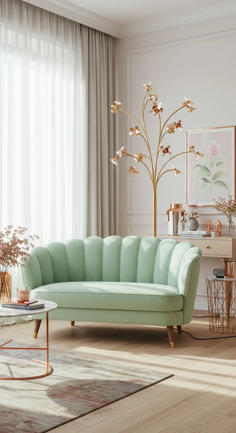 A soft, romantic living room with a mint green scallop-back sofa and a floral-inspired brass floor lamp.