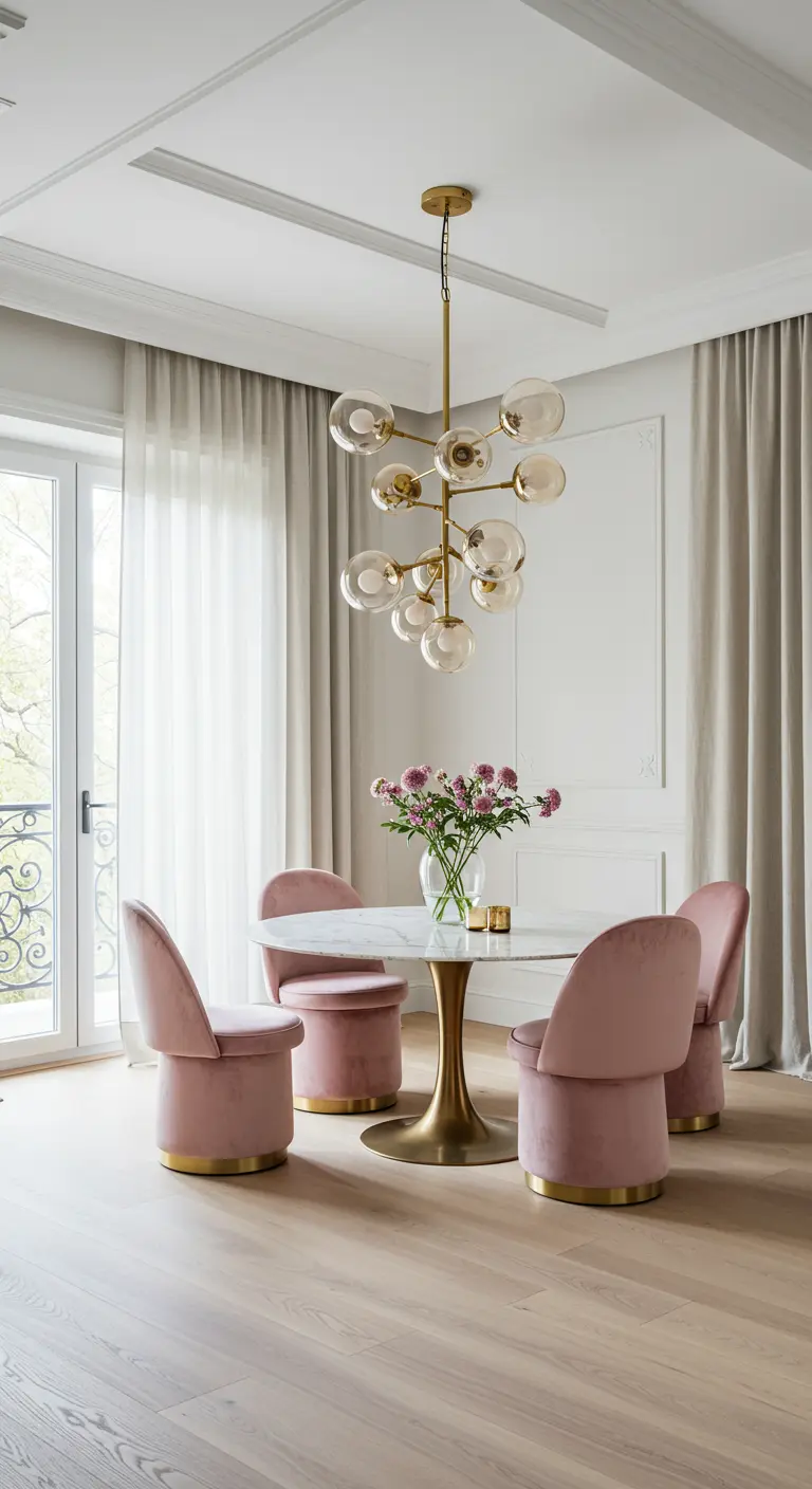 Dining nook with a round marble table, pink velvet chairs, and a sculptural brass pendant.