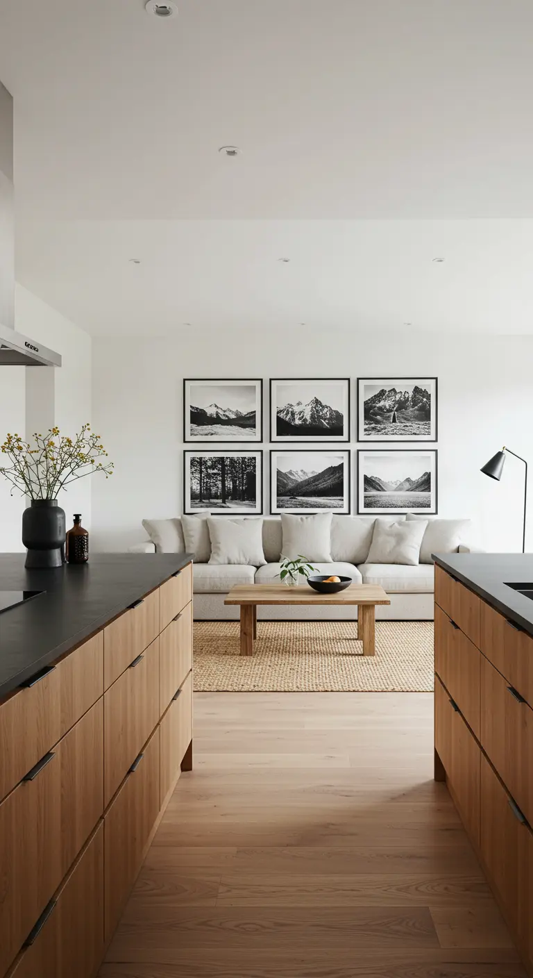 Symmetrical gallery wall of six black-and-white landscape photos above a neutral sofa.