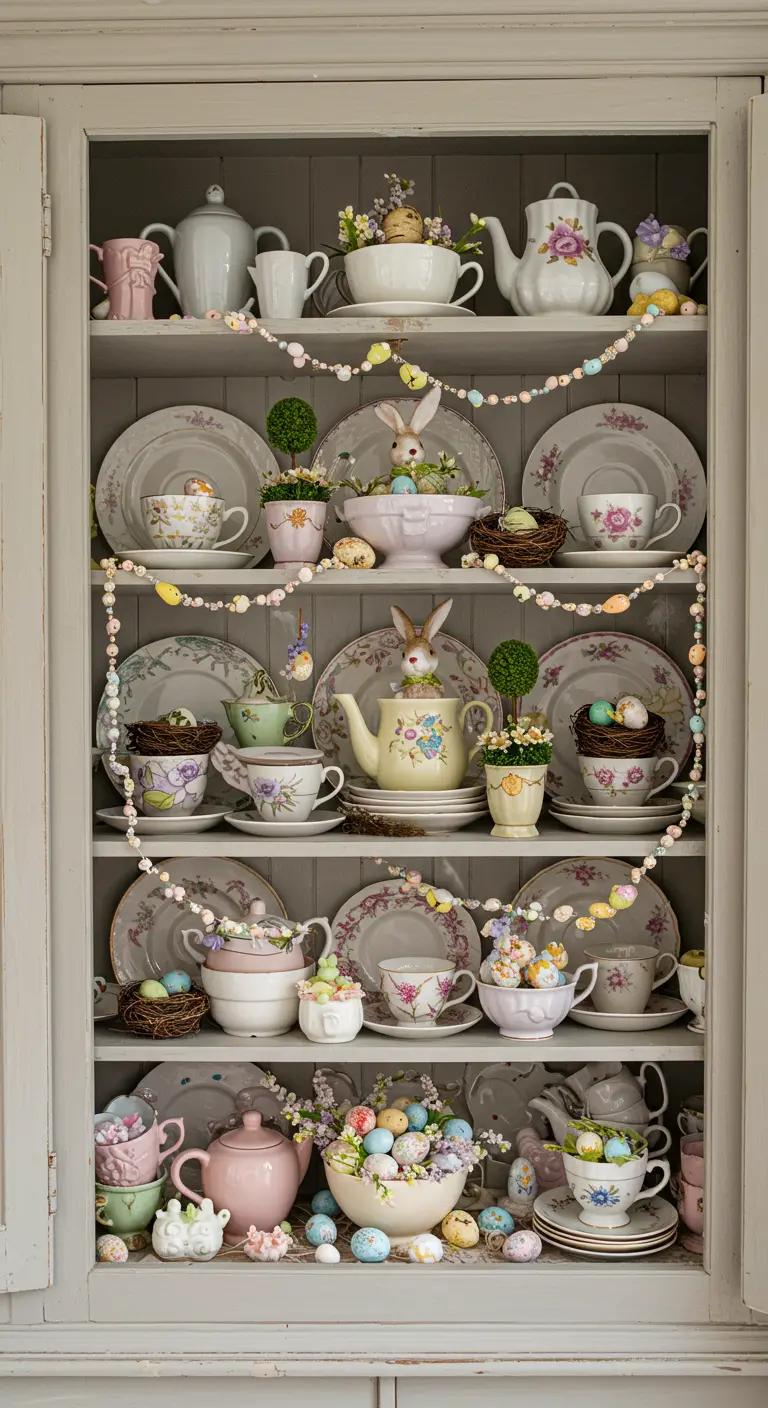 A vintage hutch decorated for Easter with floral teacups, mini nests, and beaded garlands.