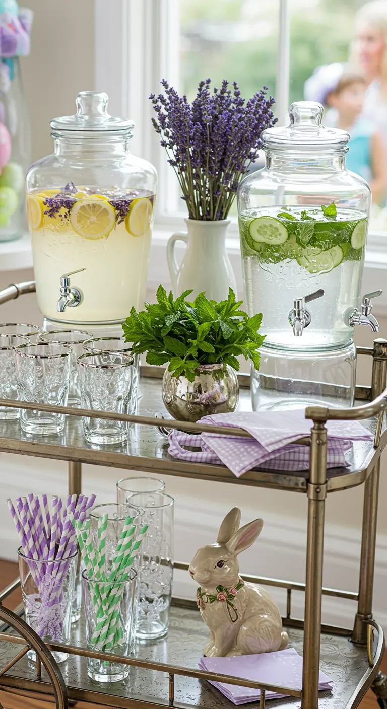 Easter drink cart with lavender lemonade and cucumber mint water dispensers.