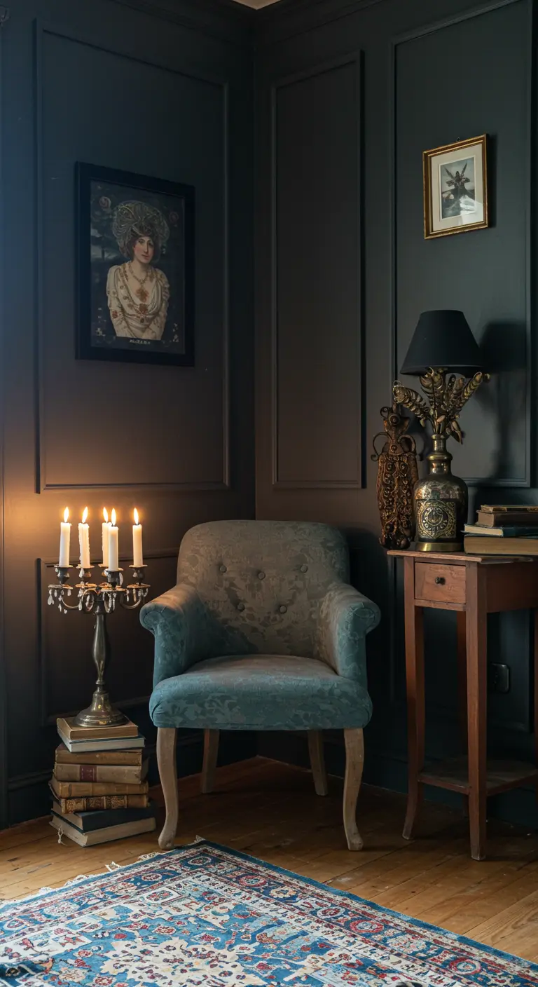 A vintage-style corner with a blue-gray tufted chair, a candelabra on books, and classic art.