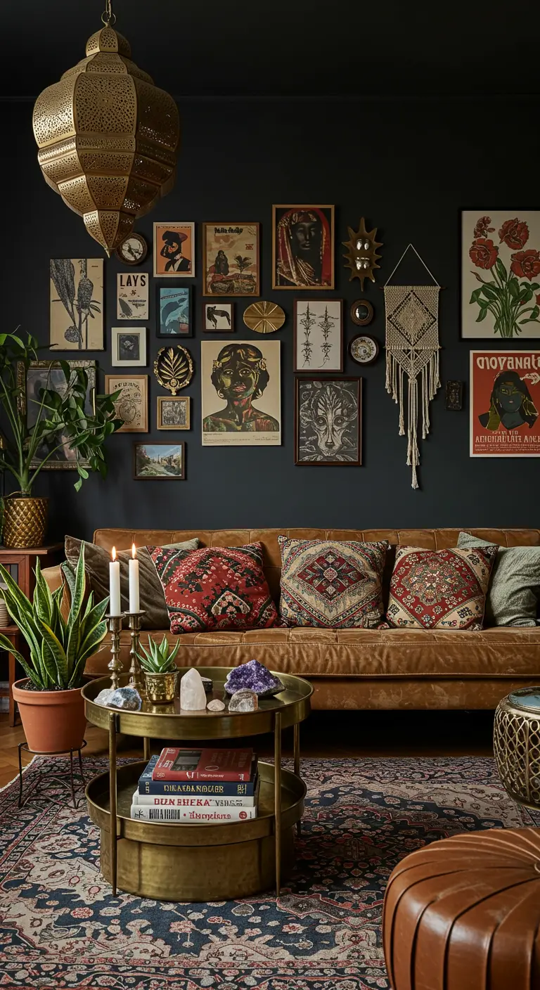 Eclectic living room with a gallery wall on a dark wall, above a worn leather sofa.