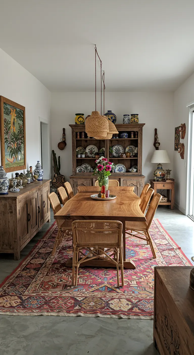 Dining room with a wooden hutch displaying ceramics and rattan chairs around a table.
