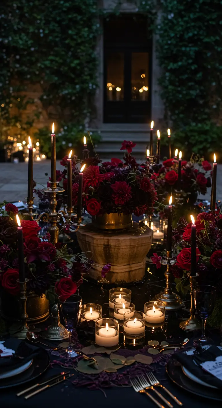 A dark, moody tablescape with black candles, deep red flowers, and brass accents.