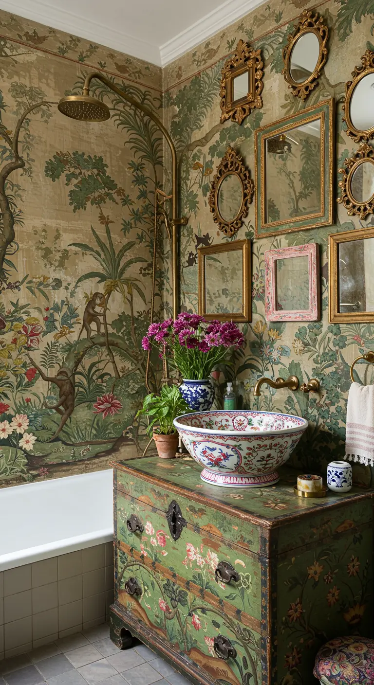 Maximalist bathroom with jungle Chinoiserie wallpaper and an antique green chest.
