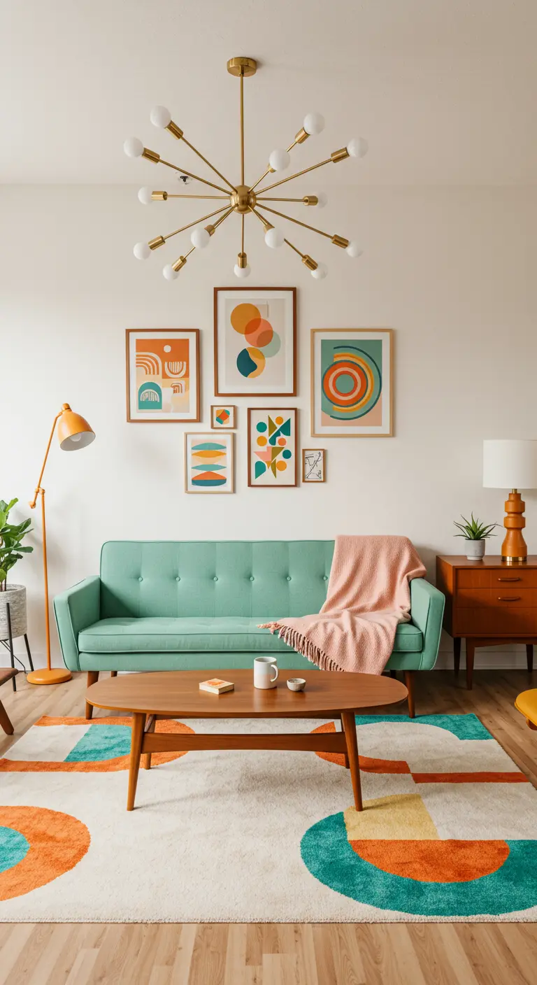 A Mid-Century Modern living room with a mint sofa and a colorful gallery wall above it.