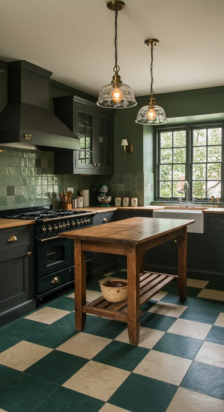 A dark green kitchen with matching walls and cabinets, and a green-and-cream checkerboard floor.