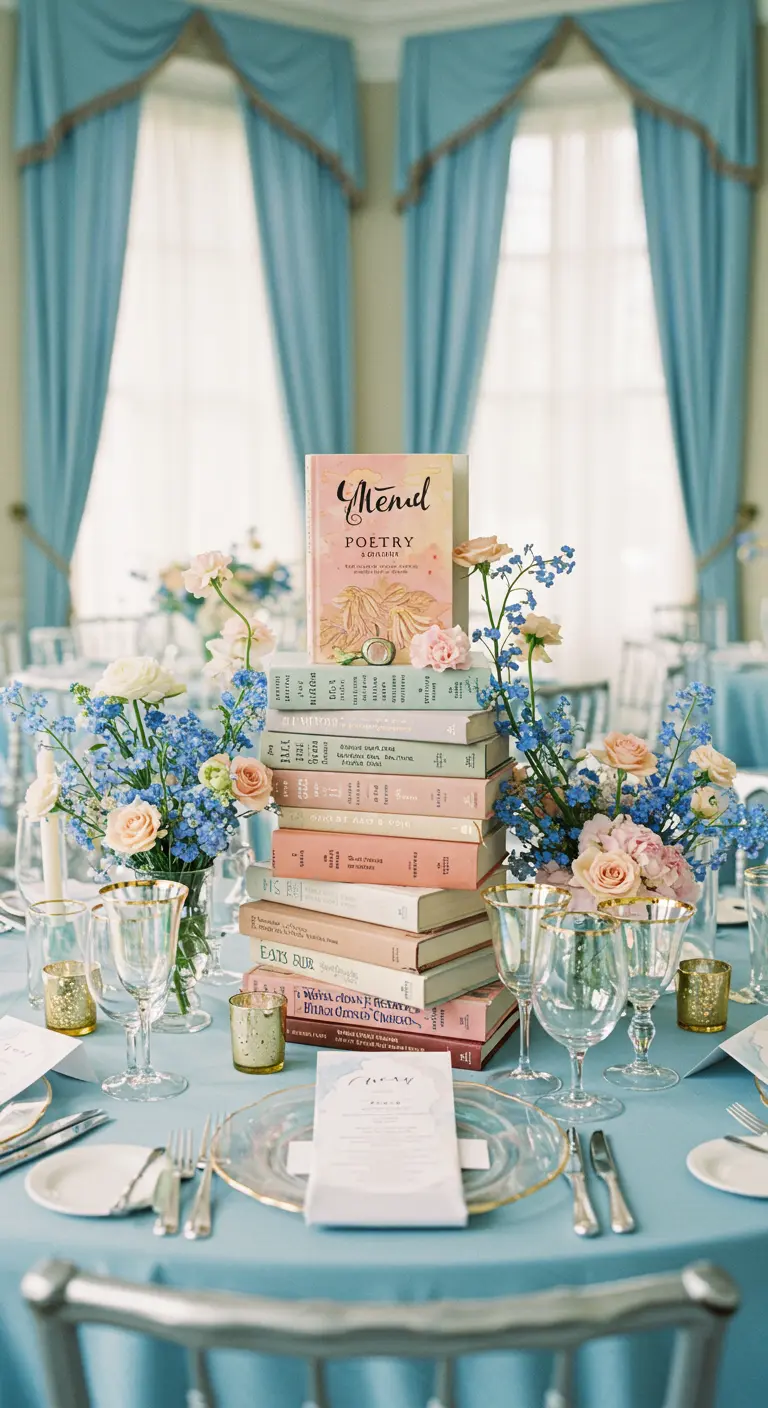 A tablescape with pastel-colored books, a custom 'Menu' book, and matching blue and pink flowers.