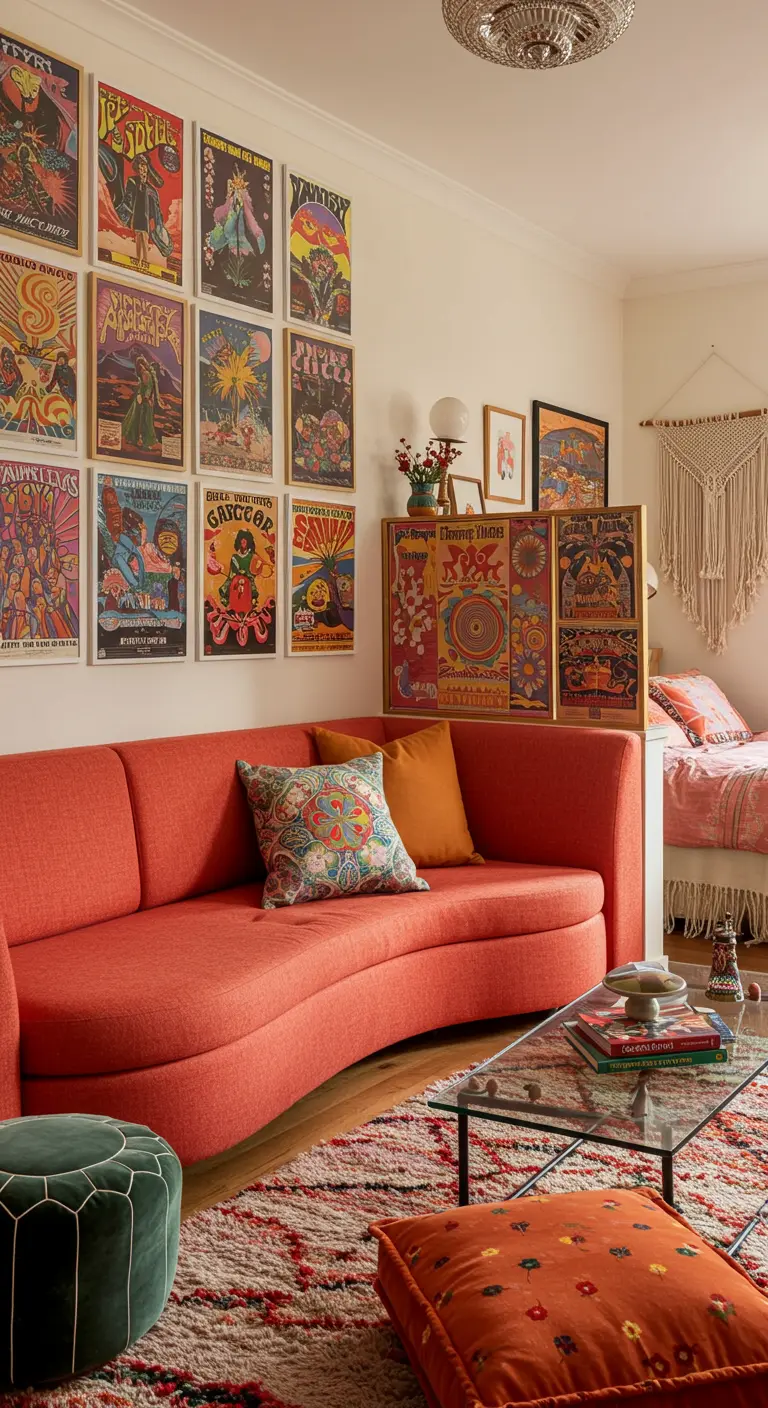 A studio apartment with a curved orange sofa and a large gallery wall of vintage psychedelic posters.