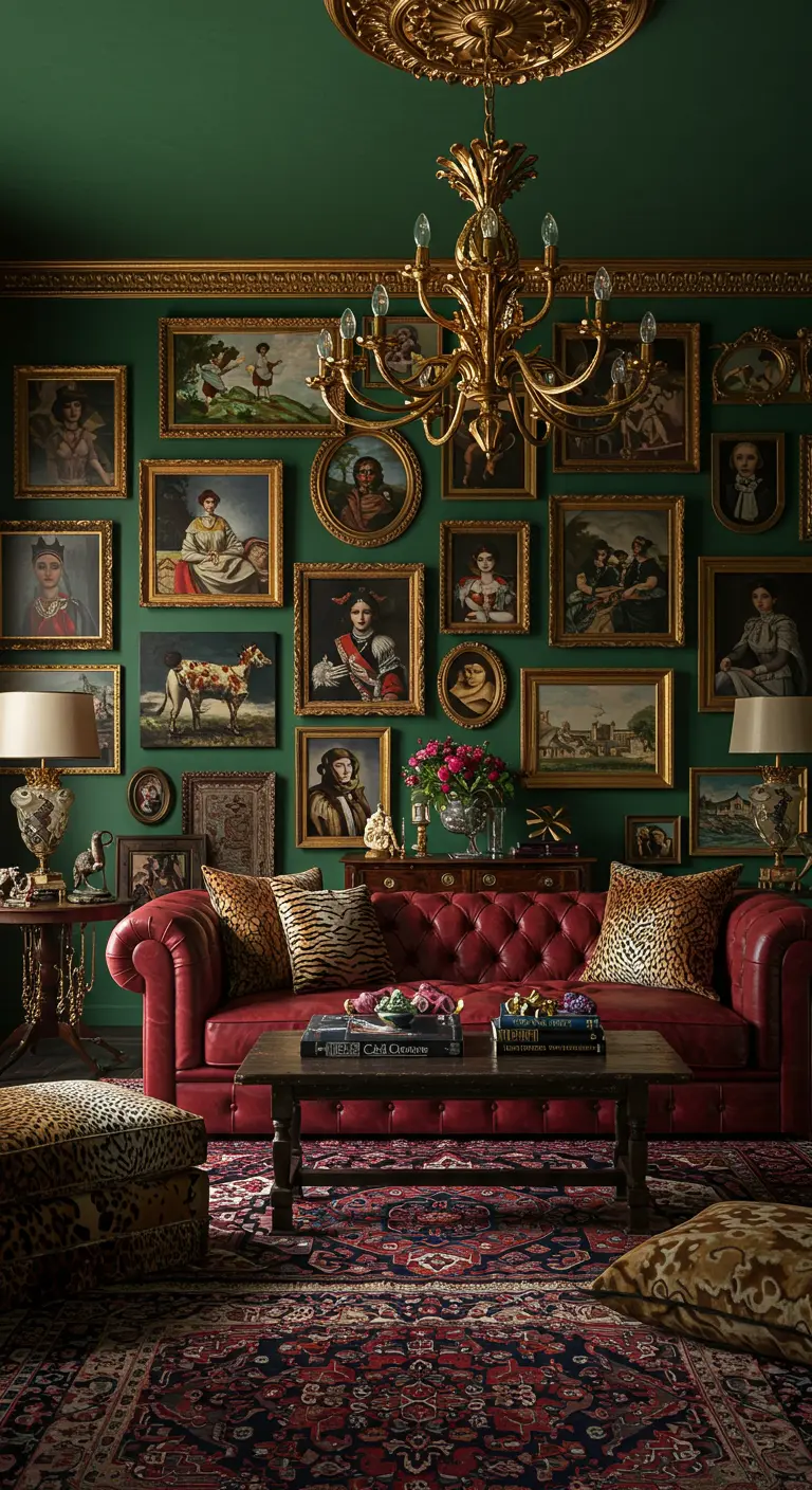 Maximalist living room with emerald walls, a dense gallery wall in gold frames, and a red sofa.