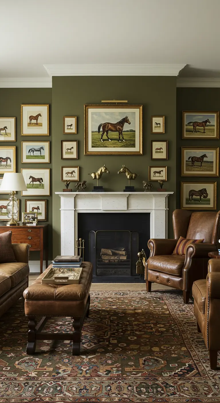 Leather wingback chair in an olive green room with a gallery wall of equestrian art.