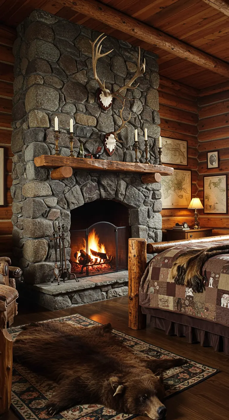 Traditional log cabin bedroom with a large stone fireplace decorated with antlers.