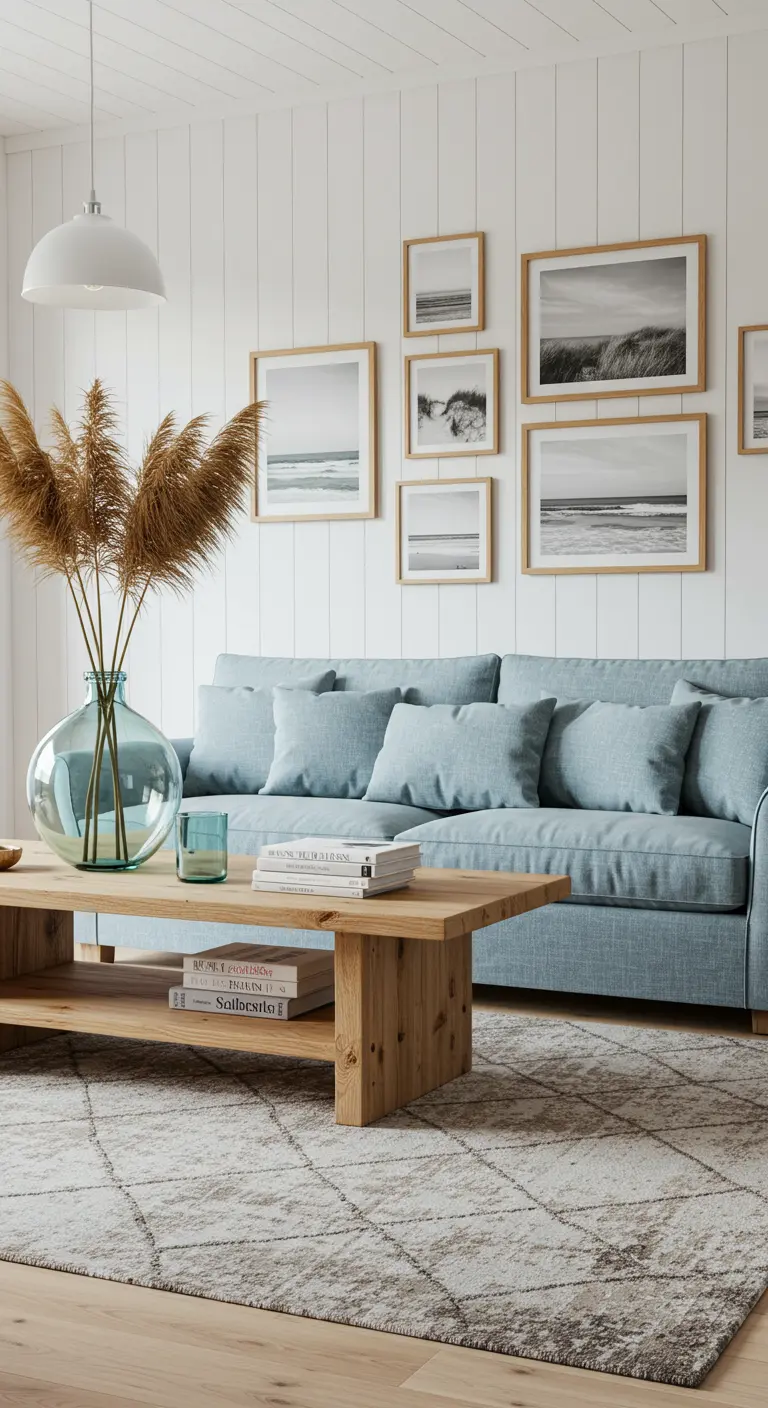 A gallery wall of coastal photography in light oak frames above a pale blue sofa.