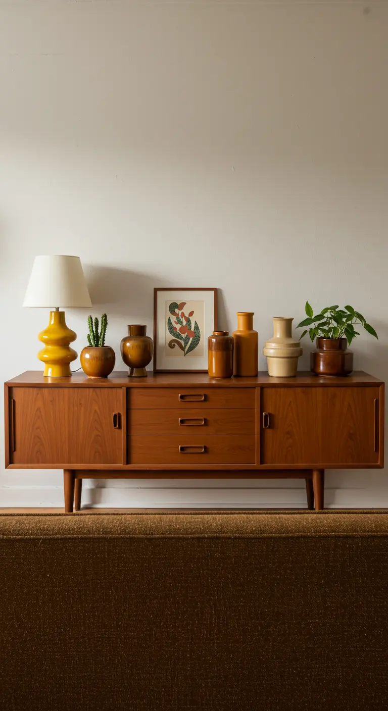 Mid-century teak credenza styled with a collection of warm-toned ceramics and a lamp.