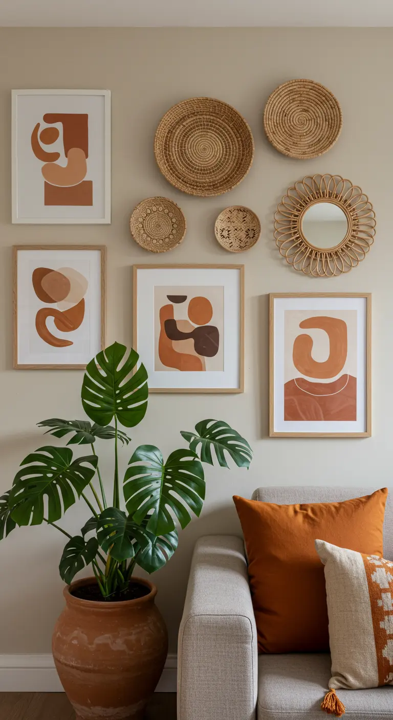 A gallery wall mixing framed abstract art with woven baskets and a small rattan mirror.