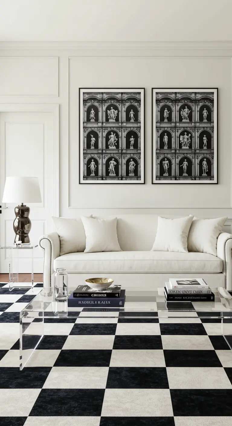 A serene living room with architectural prints, a white sofa, and an acrylic coffee table.
