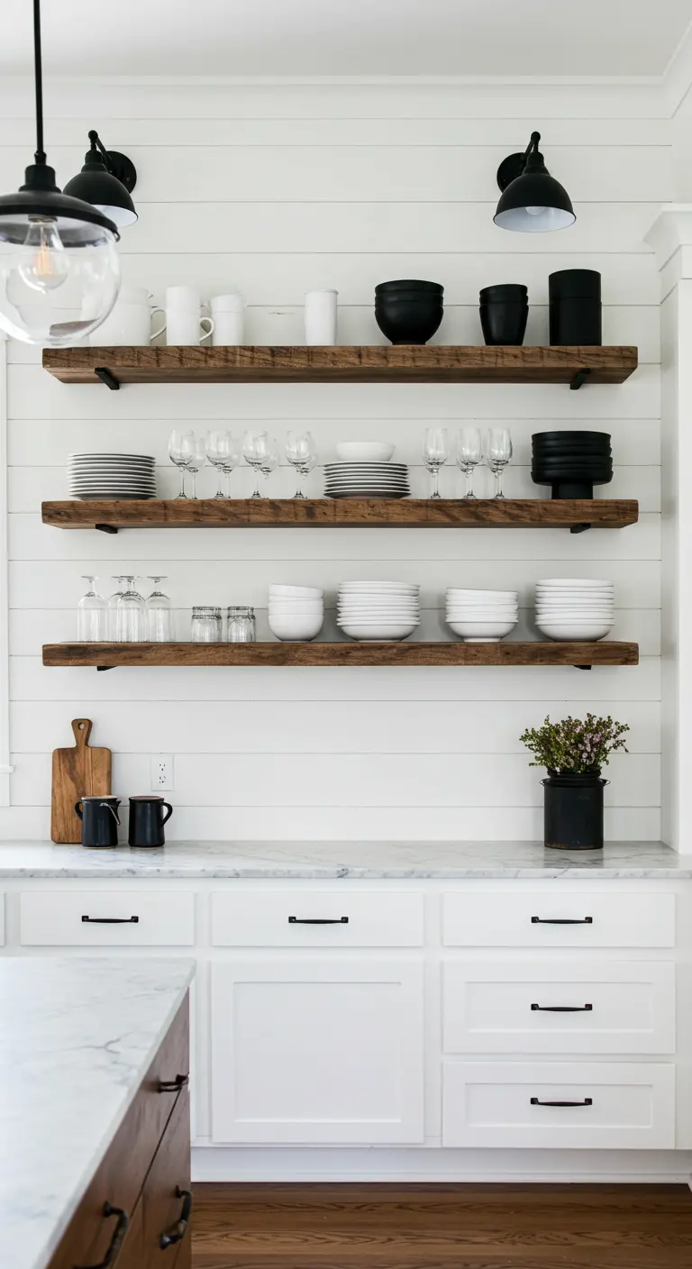 Kitchen open shelving with neatly stacked white and black dishes against a shiplap wall.
