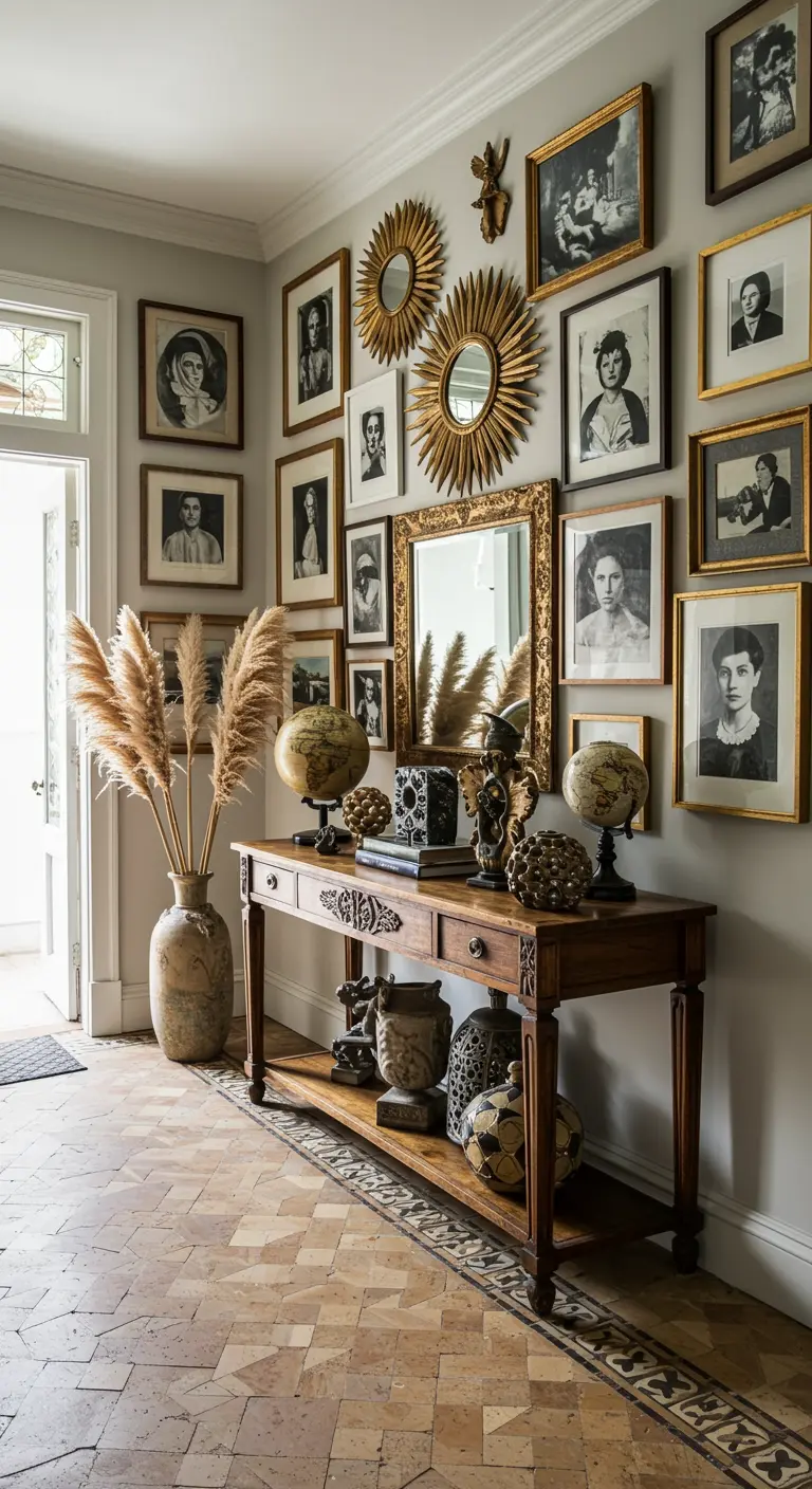 An eclectic entryway with a large gallery wall of framed photos and mirrors, and a wooden console table.