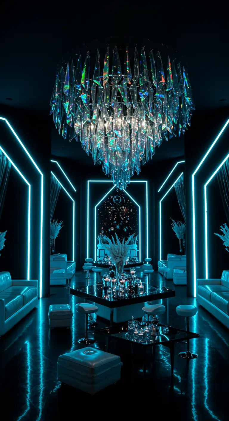 A dark, symmetrical room outlined in cyan neon with a large iridescent chandelier.