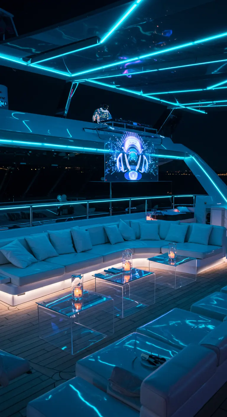 A lounge on a yacht with cyan neon lighting under the sofas and a projected futuristic logo.