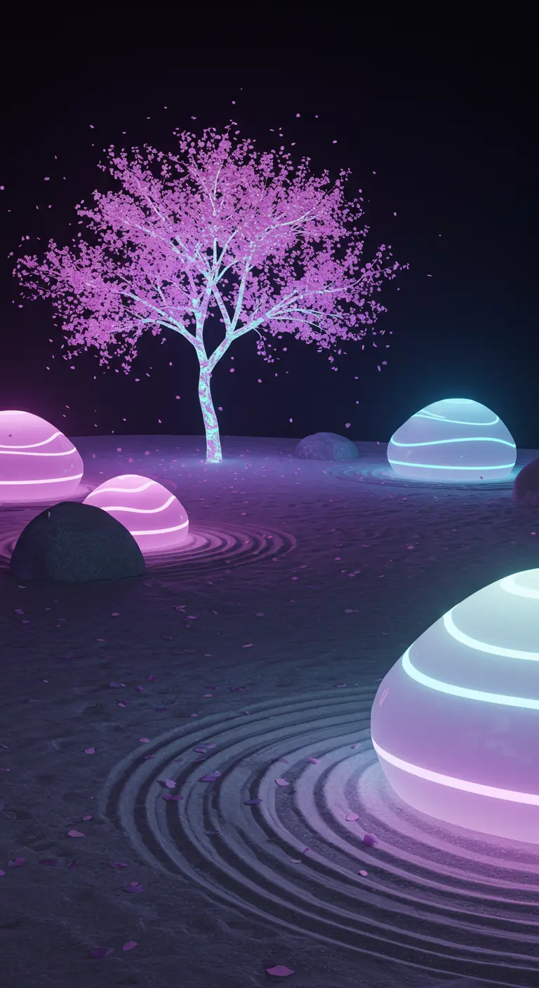 A serene zen garden at night featuring glowing orb-like rocks and a projected pink cherry blossom tree.