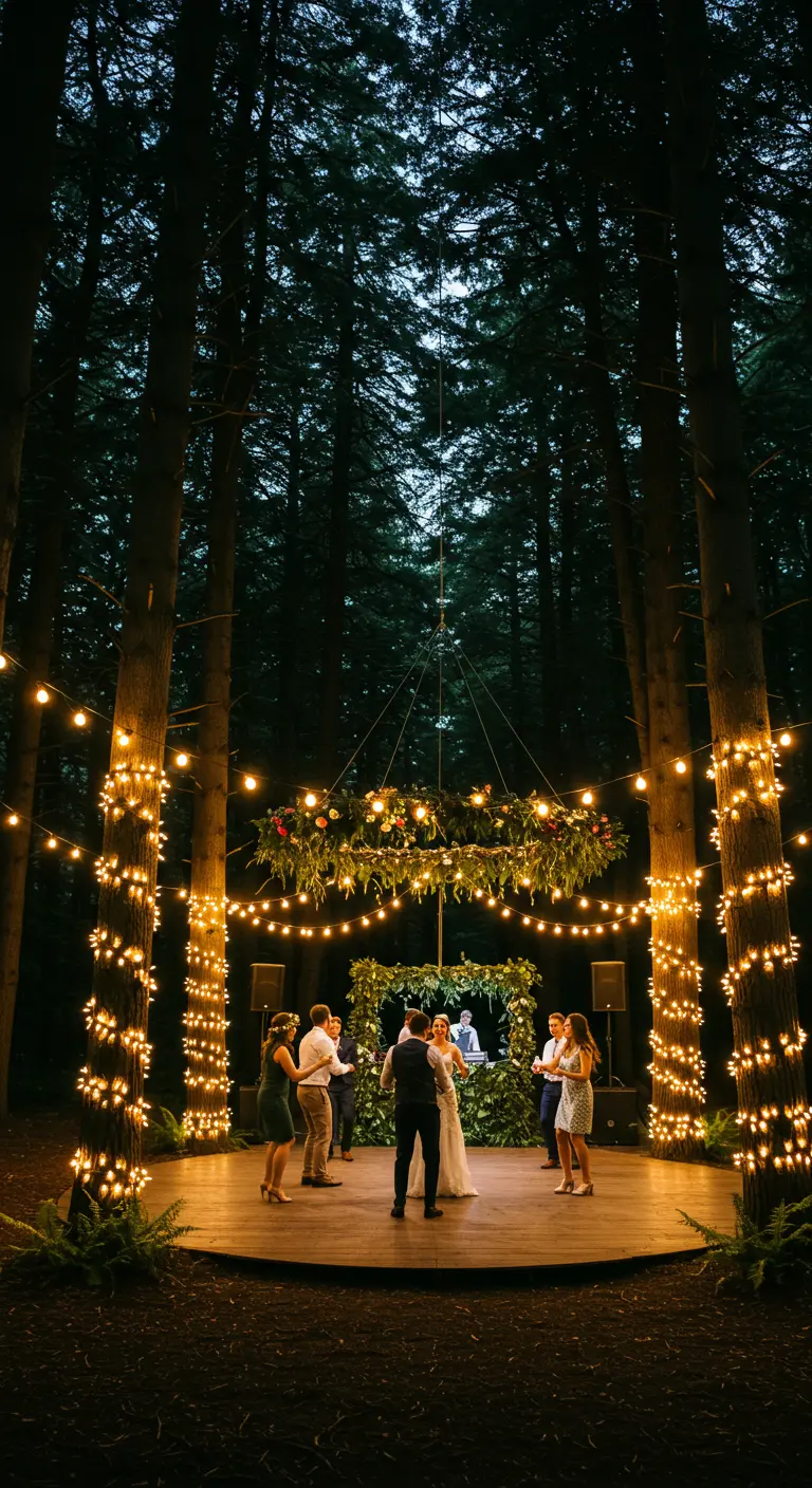 Couple dancing on a round woodland stage under a hanging floral chandelier and lights.