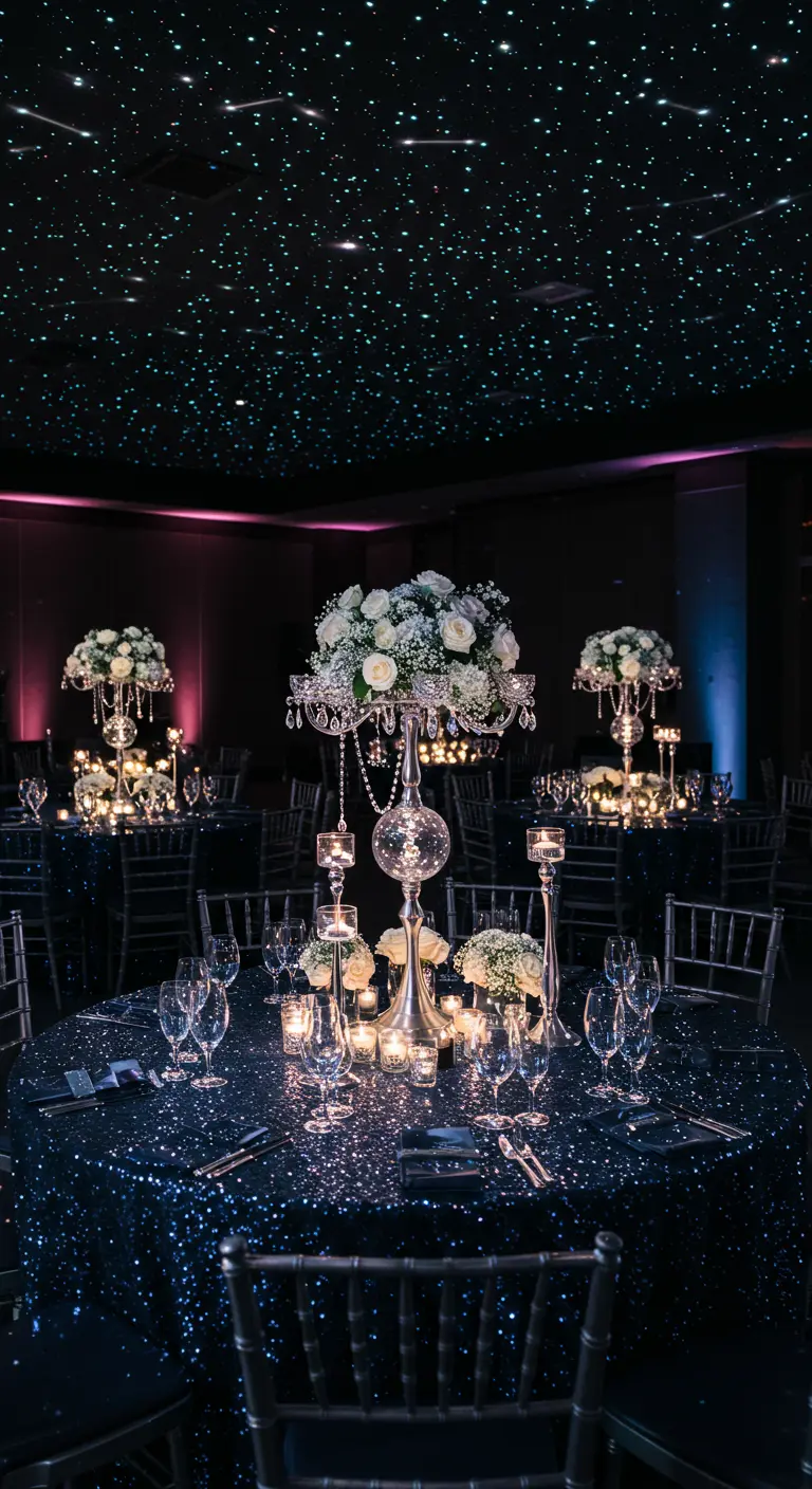 A dark reception room with a starry night ceiling effect and sparkling navy tablecloths.