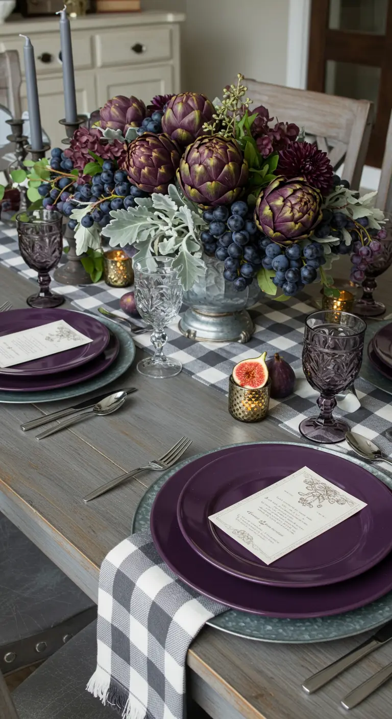 Luxe harvest table with a centerpiece of artichokes and grapes on a check runner.