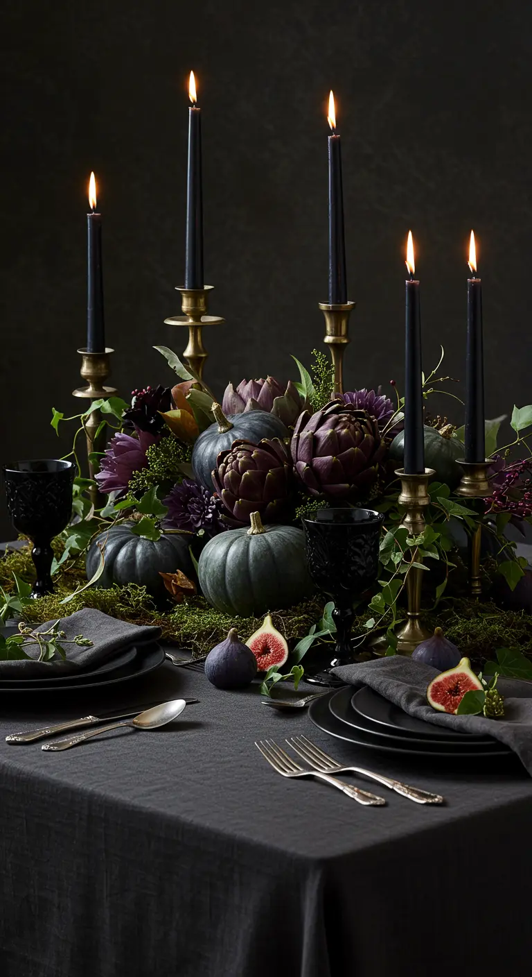 Moody Thanksgiving tablescape with black plates, black candles, and dark pumpkins.