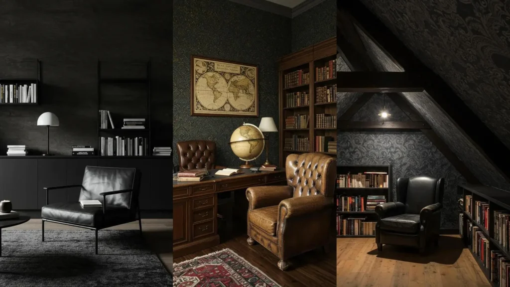 Three dark academia rooms featuring leather armchairs, full library shelves, and moody patterned wallpaper.