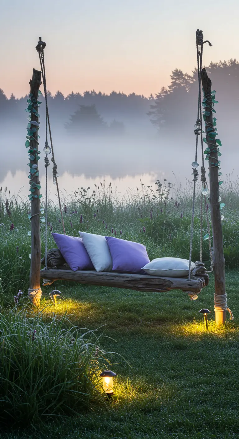 Driftwood swing bench with pastel cushions in a misty garden at sunrise, with small lights.