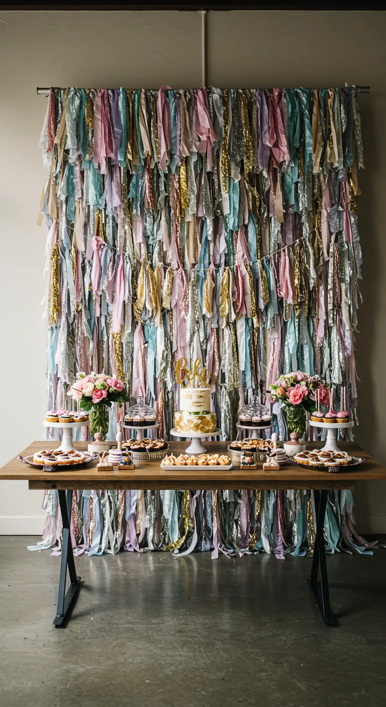 A dessert table set against a colorful, shimmering wall of fabric streamers.