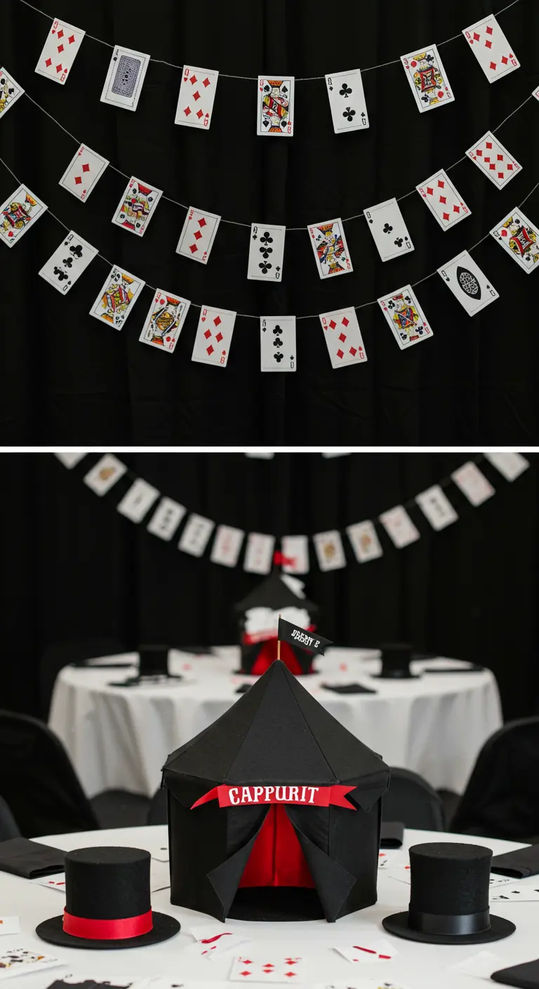 A magic-themed circus table with playing card garlands and top hat decorations.