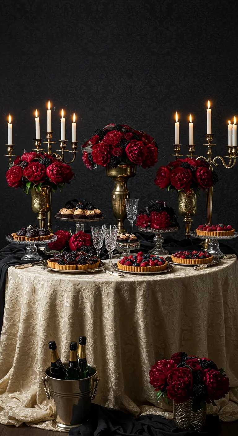 A lavish Halloween dessert table with red flowers, gold candelabras, and dark berry tarts.