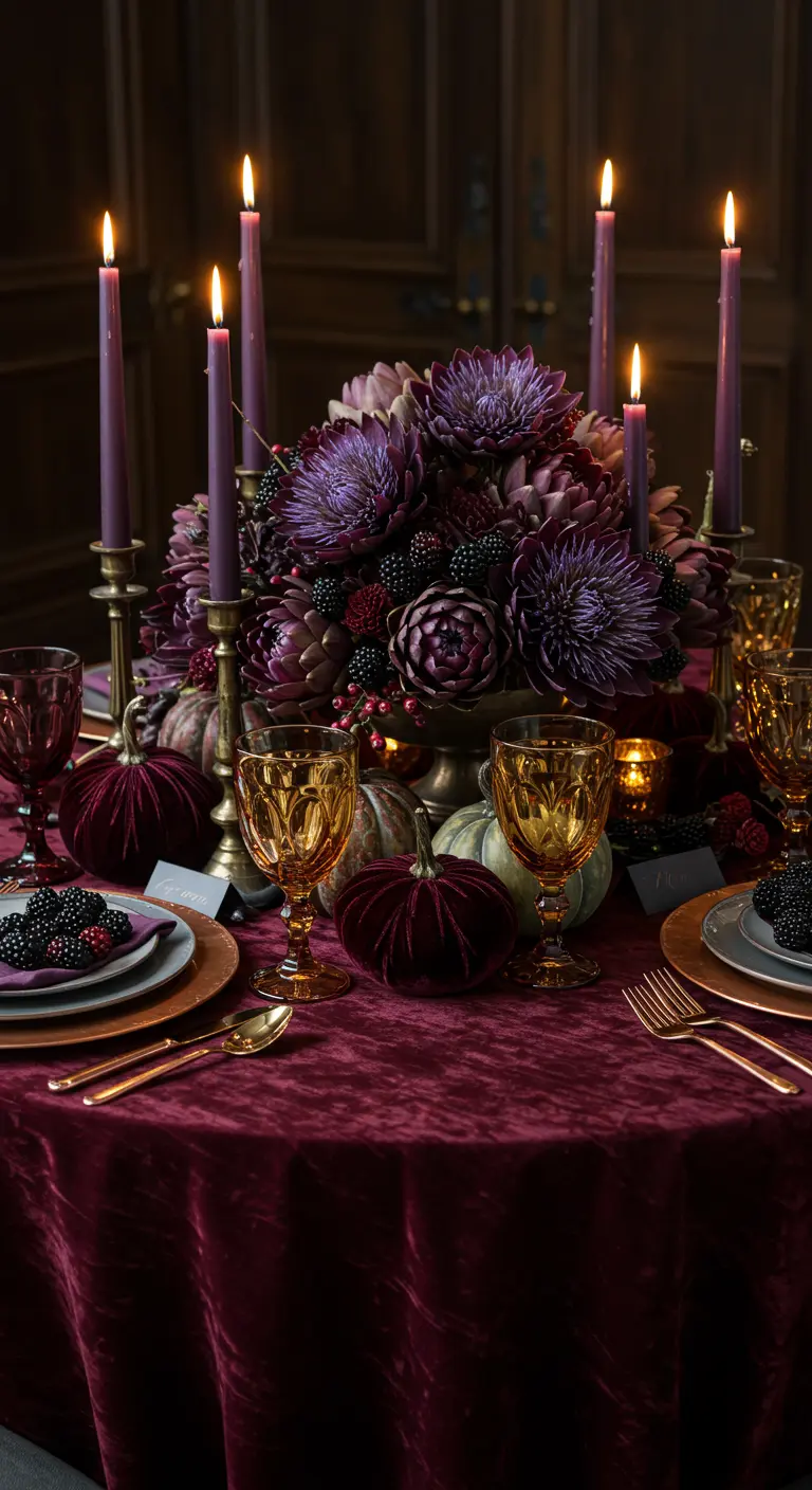 Burgundy velvet tablecloth with a centerpiece of purple flowers and velvet pumpkins.