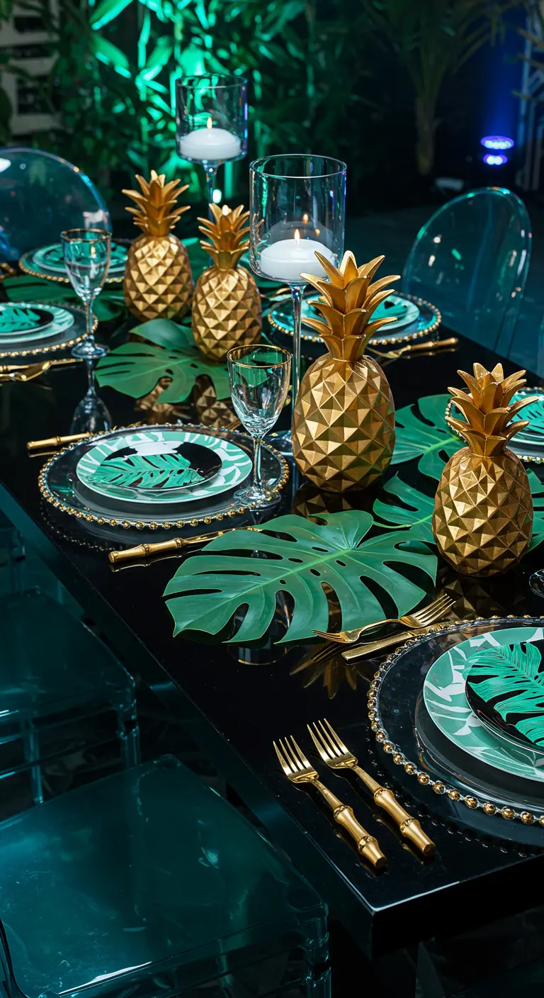 A dramatic table with gold pineapples, monstera leaves, and translucent green chairs