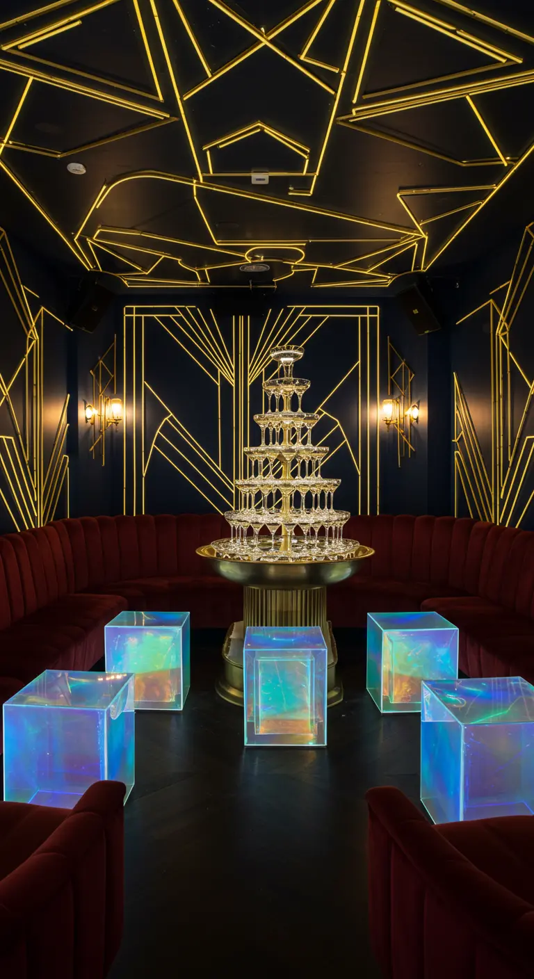 An Art Deco-style room with gold lines on black walls, a champagne tower, and iridescent cube tables.