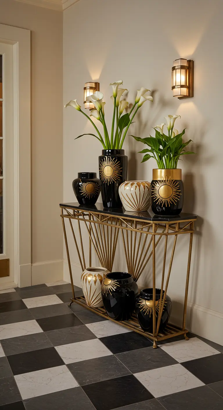Black, white, and gold Art Deco planters with calla lilies on a gold console table.