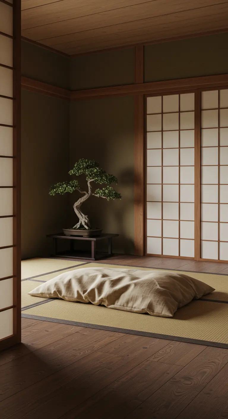 A Japanese-style room with tatami mats, a floor cushion, and a bonsai tree.
