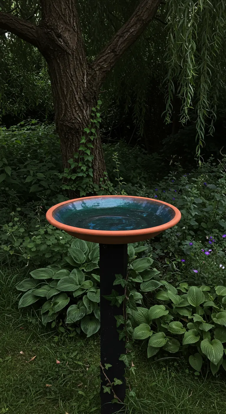 A deep teal glazed birdbath on a black post in a dark, moody garden setting.