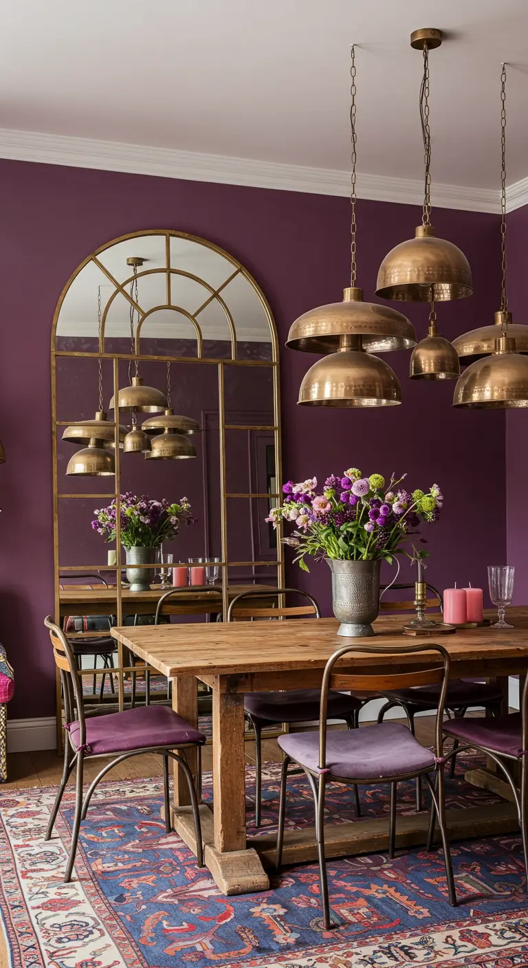 Dining room with deep purple walls, a large arched mirror, and a cluster of brass pendant lights.