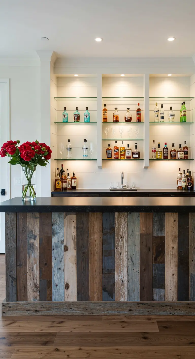 Home bar with a multi-toned reclaimed wood facade and a dark countertop.