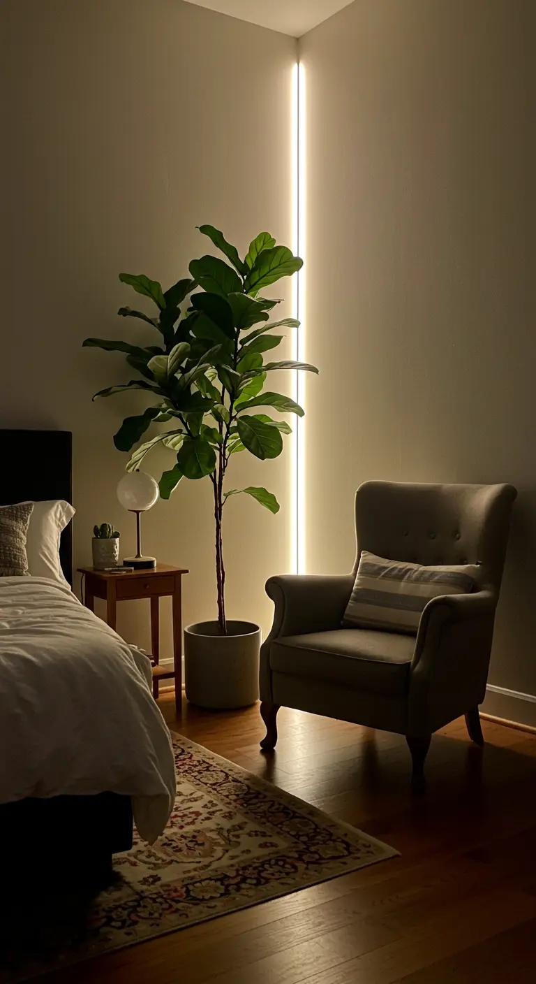 A vertical LED light strip glows in the corner of a bedroom next to a large plant.