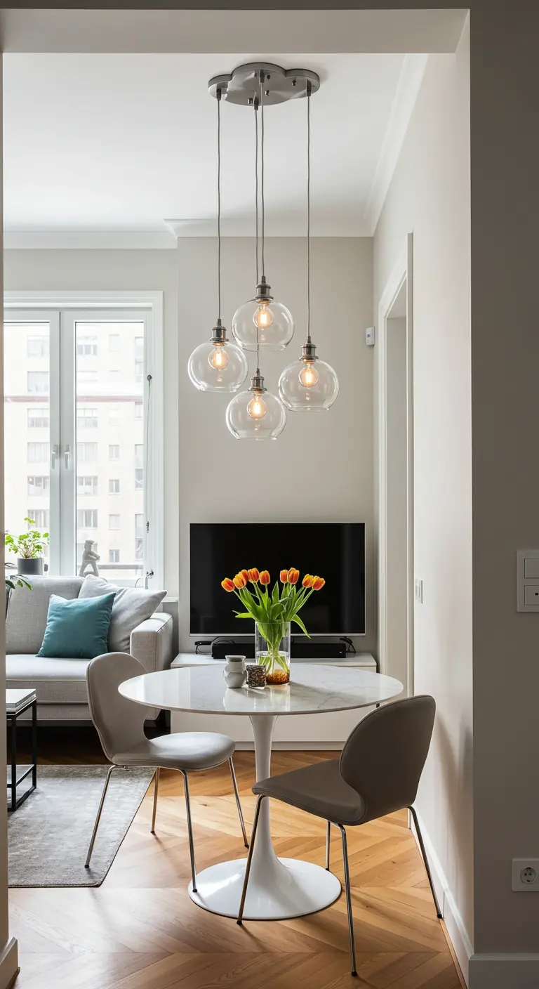 A cluster of glass globe pendant lights hangs over a small round dining table.